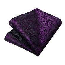 Black Purple Floral Men's Tie Pocket Square Handkerchief Set