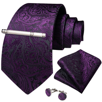 Black Purple Floral Men's Tie Handkerchief Cufflinks Clip Set