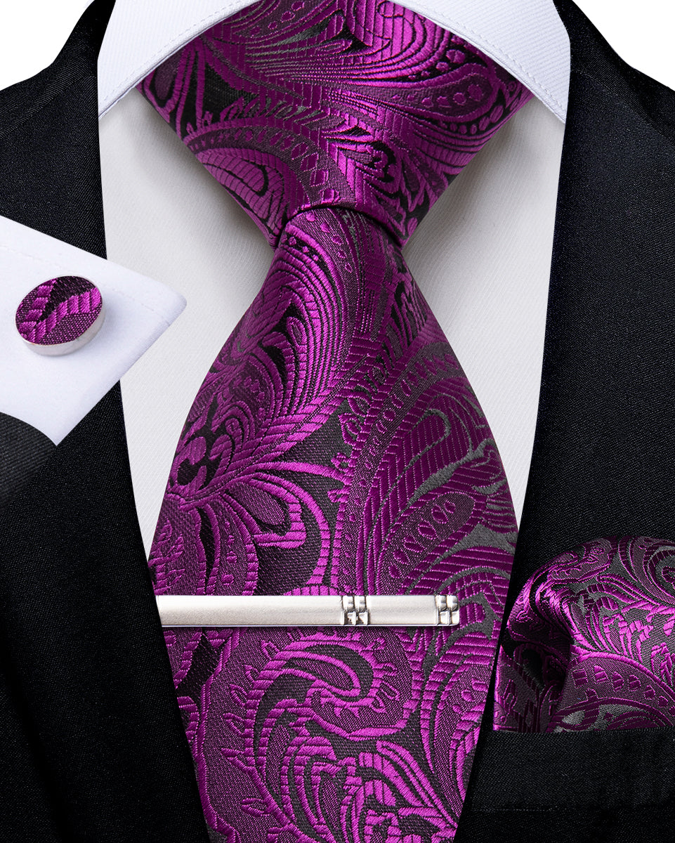 Rose Red Floral Men's Tie Handkerchief Cufflinks Clip Set