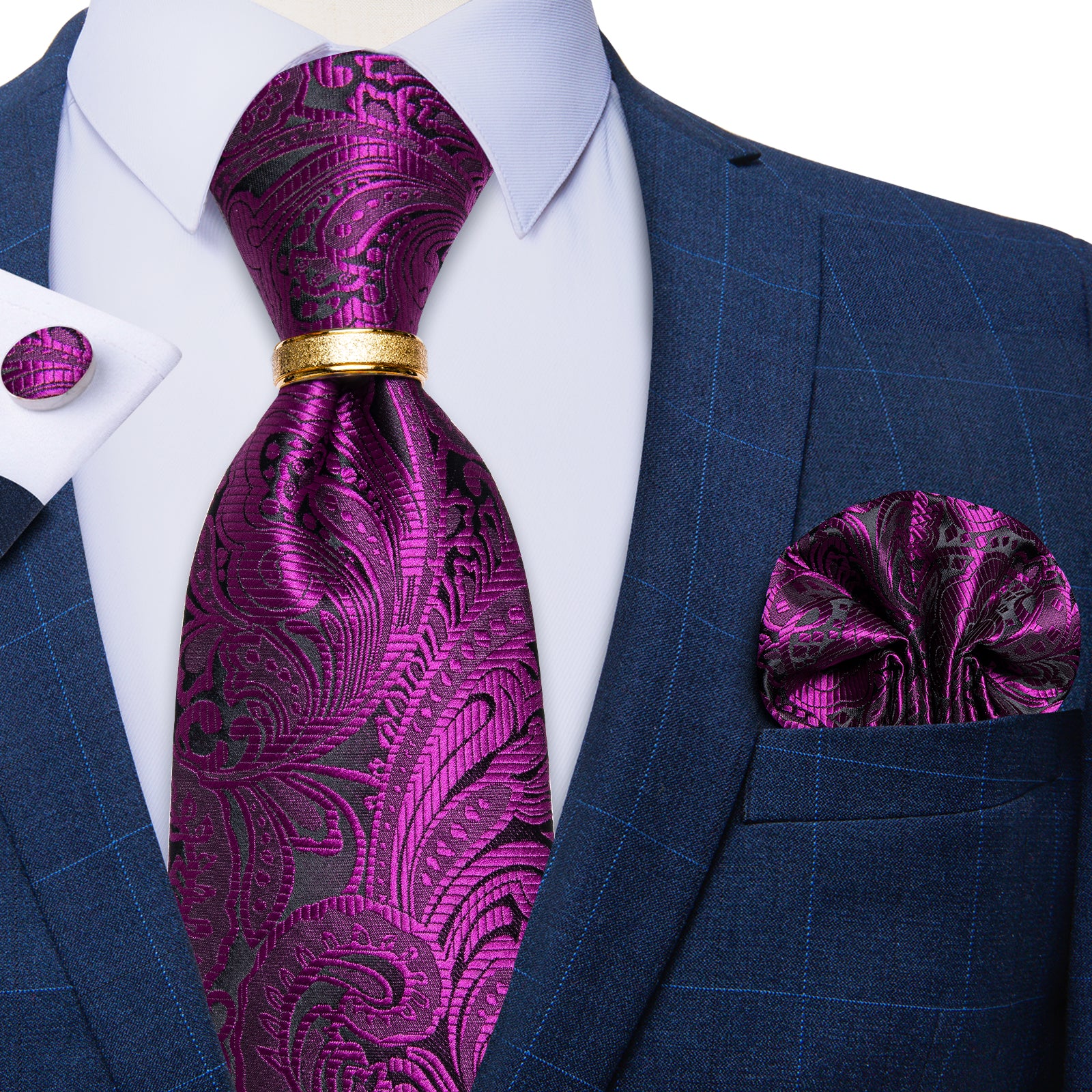 4PCS Purple Red Floral Silk Men's Tie Pocket Square Cufflinks with Tie Ring Set