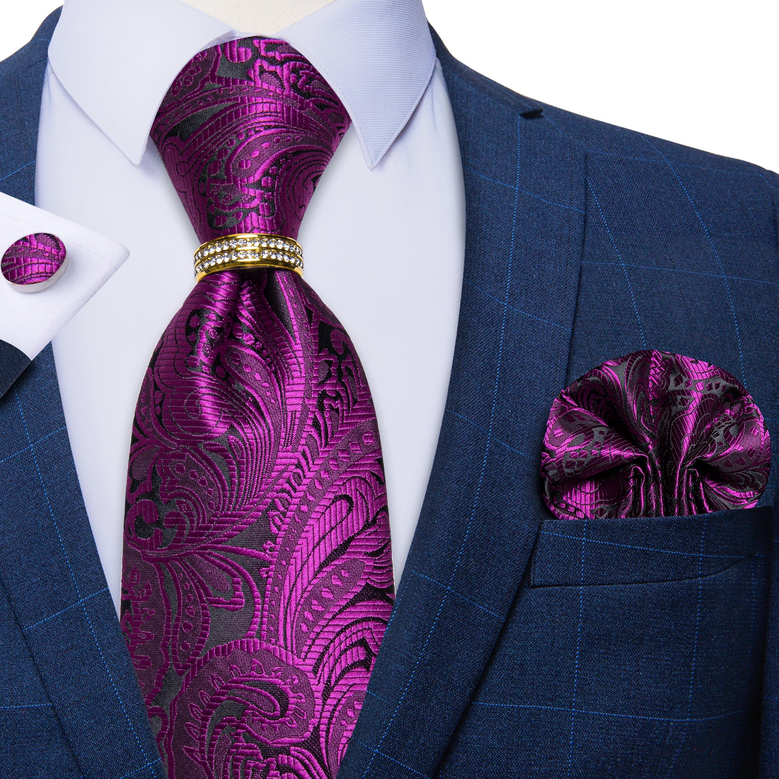 4PCS Purple Red Floral Silk Men's Tie Pocket Square Cufflinks with Tie Ring Set