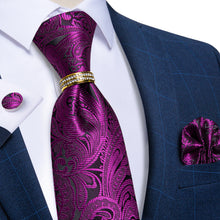 4PCS Purple Red Floral Silk Men's Tie Pocket Square Cufflinks with Tie Ring Set