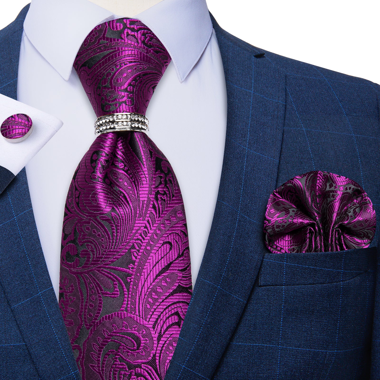 4PCS Purple Red Floral Silk Men's Tie Pocket Square Cufflinks with Tie Ring Set