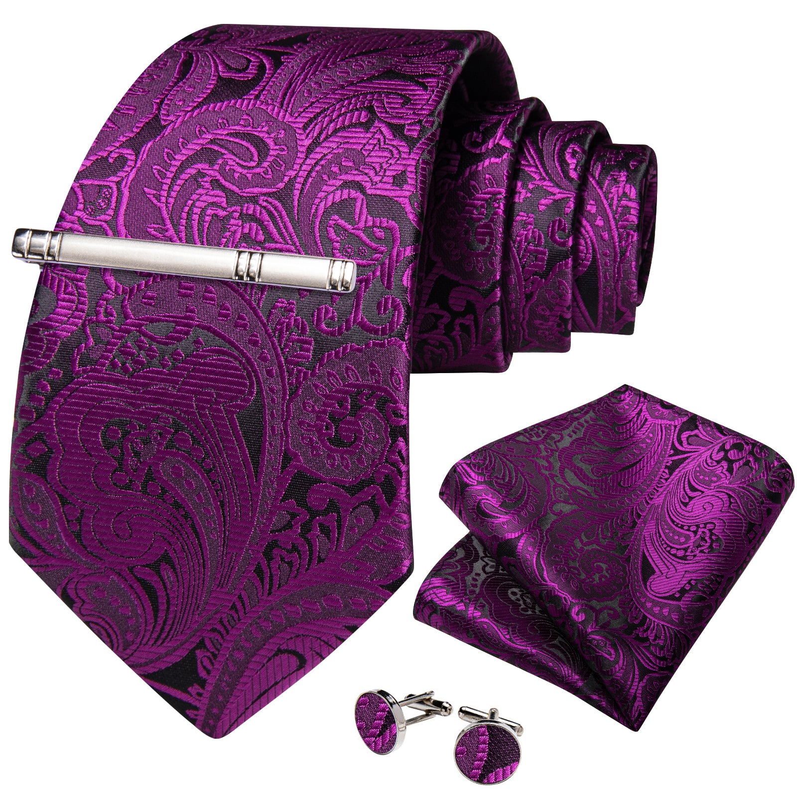 Rose Red Floral Men's Tie Handkerchief Cufflinks Clip Set