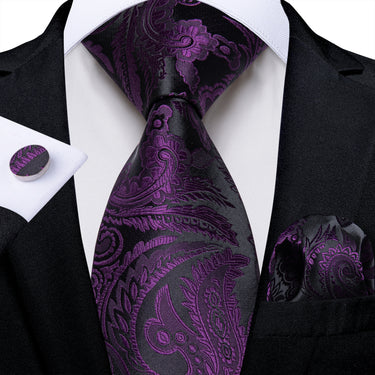 Black Purple Red Floral Men's Tie Pocket Square Handkerchief Set