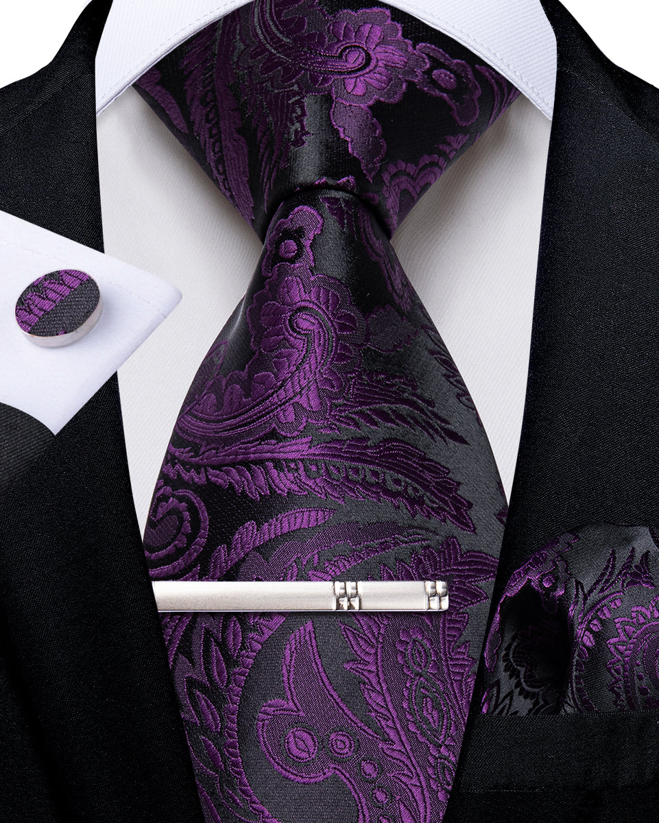 Black Purple Floral Men's Tie Handkerchief Cufflinks Clip Set