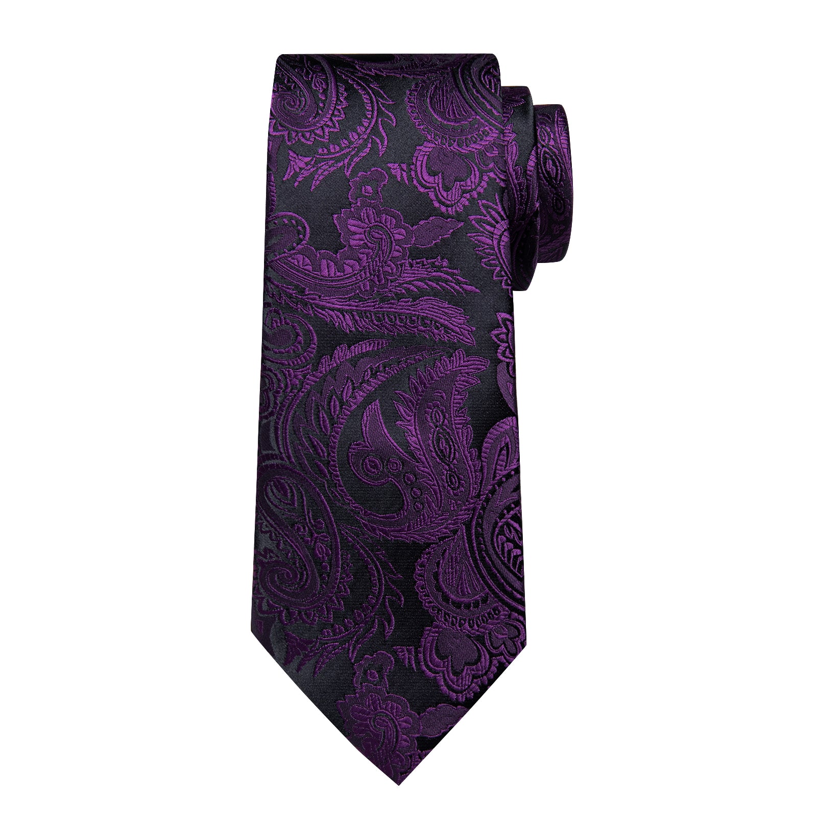 Black Purple Floral Men's Tie Handkerchief Cufflinks Clip Set