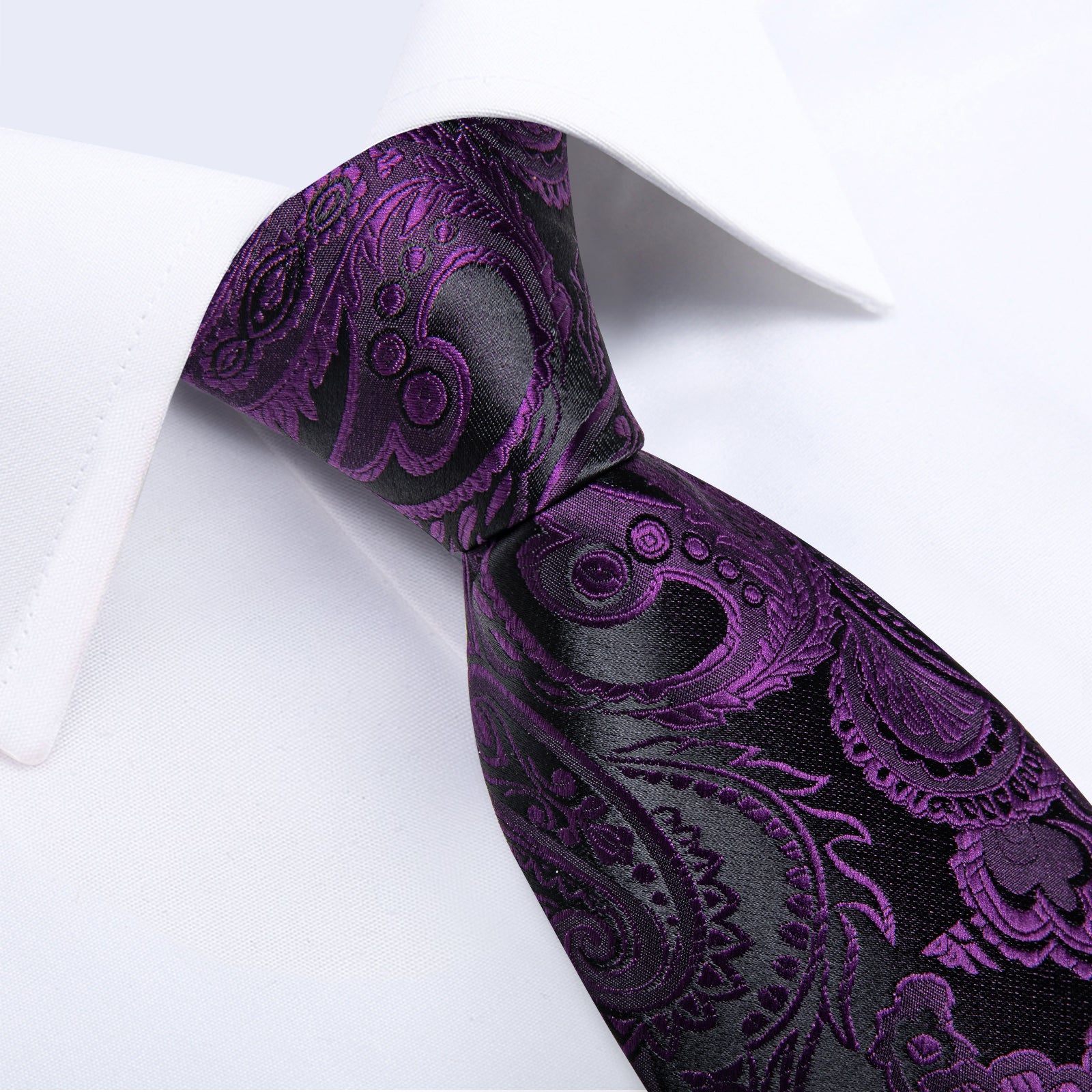 Black Purple Floral Men's Tie Handkerchief Cufflinks Clip Set