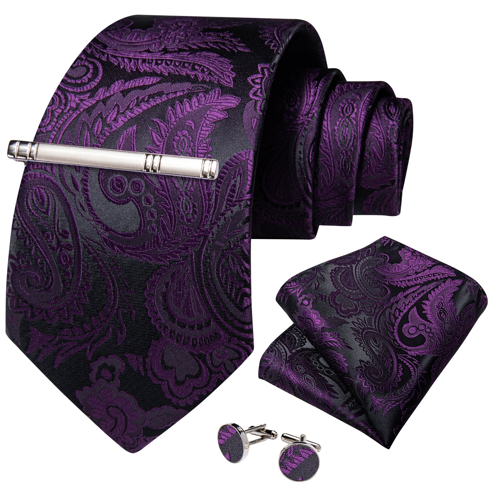 Black Purple Floral Men's Tie Handkerchief Cufflinks Clip Set
