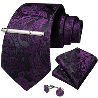 Black Purple Floral Men's Tie Handkerchief Cufflinks Clip Set