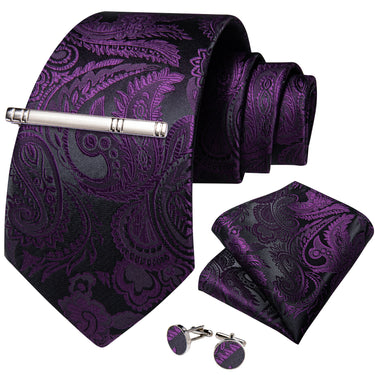 Black Purple Floral Men's Tie Handkerchief Cufflinks Clip Set