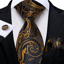 Black Golden Floral Men's Tie Pocket Square Handkerchief Set