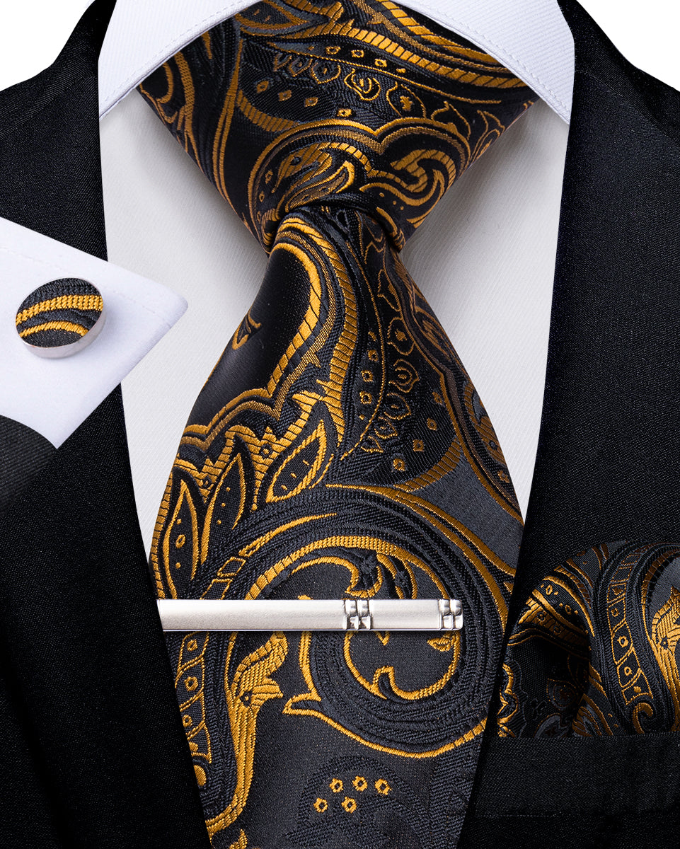 Black Golden Floral Men's Tie Handkerchief Cufflinks Clip Set
