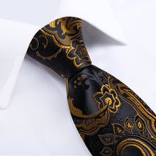 Black Golden Floral Men's Tie Pocket Square Handkerchief Set