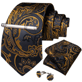 Black Golden Floral Men's Tie Handkerchief Cufflinks Clip Set