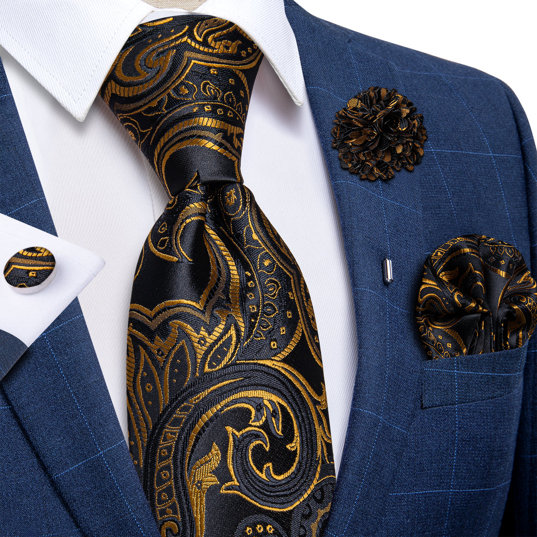 Black Golden Floral Silk Men's Necktie Handkerchief Cufflinks Set With Lapel Pin Brooch Set