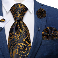Black Golden Floral Silk Men's Necktie Handkerchief Cufflinks Set With Lapel Pin Brooch Set