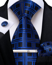Black Blue Striped Men's Tie Handkerchief Cufflinks Clip Set
