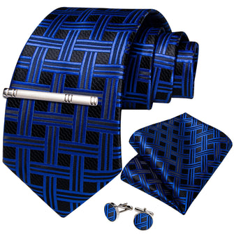 Black Blue Striped Men's Tie Handkerchief Cufflinks Clip Set