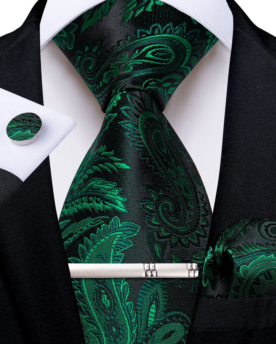 Black Green Floral Men's Tie Handkerchief Cufflinks Clip Set