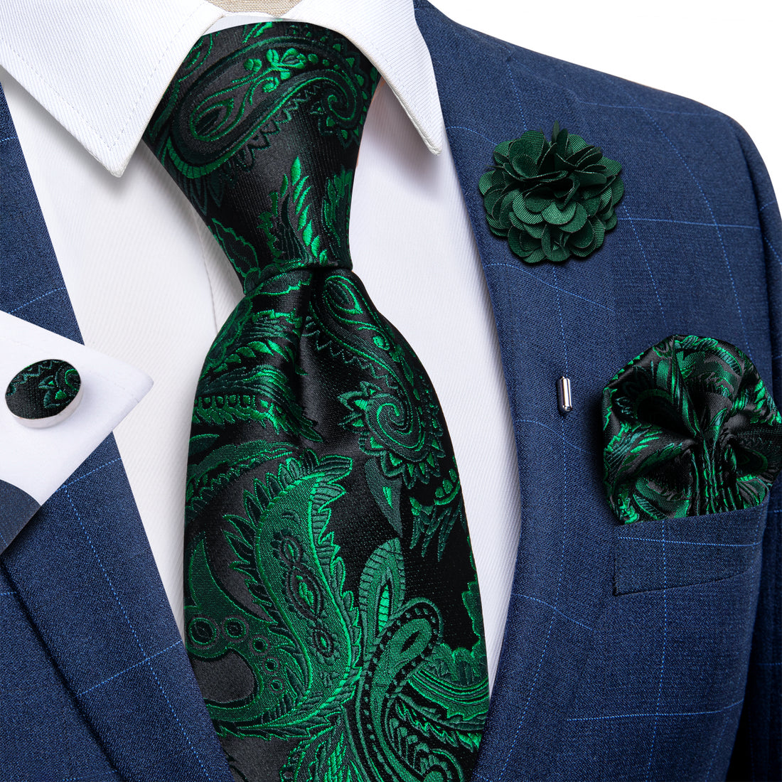 Blue Green Floral Silk Men's Necktie Handkerchief Cufflinks Set With Lapel Pin Brooch Set
