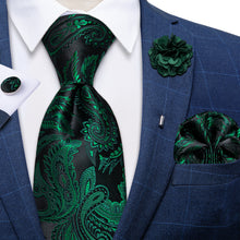 Blue Green Floral Silk Men's Necktie Handkerchief Cufflinks Set With Lapel Pin Brooch Set