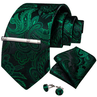 Black Green Floral Men's Tie Handkerchief Cufflinks Clip Set