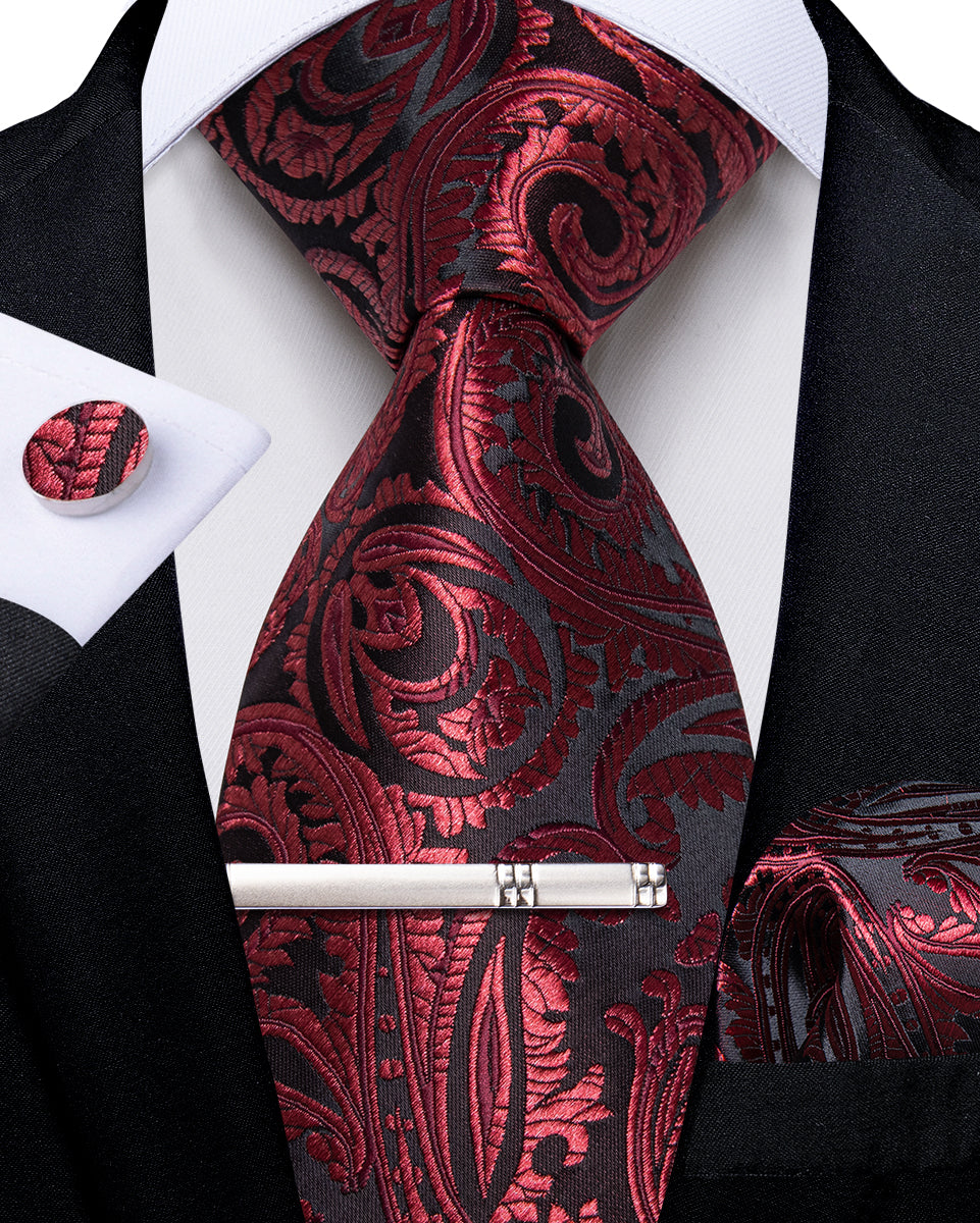 Black Claret Floral Men's Tie Handkerchief Cufflinks Clip Set