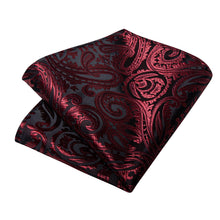 Black Claret Floral Men's Tie Handkerchief Cufflinks Clip Set