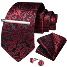 Black Claret Floral Men's Tie Handkerchief Cufflinks Clip Set