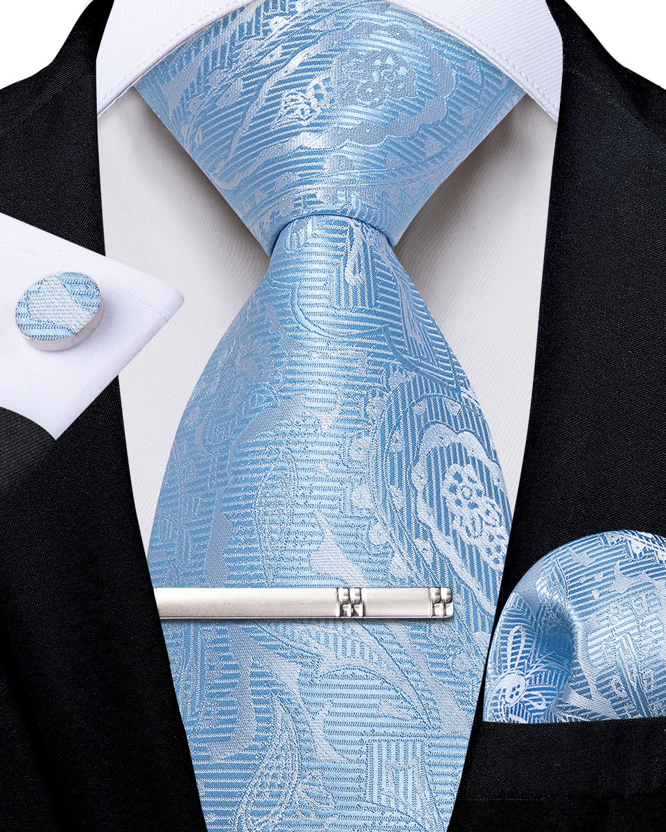 Light Blue Floral Men's Tie Handkerchief Cufflinks Clip Set