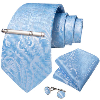 Light Blue Floral Men's Tie Handkerchief Cufflinks Clip Set