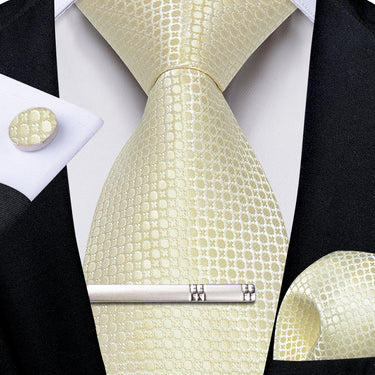 Champagne Yellow Polka Dot Men's Tie Handkerchief Cufflinks Clip Set