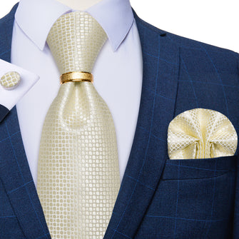 4PCS Khaki Plaid Silk Men's Tie Pocket Square Cufflinks with Tie Ring Set