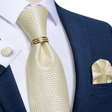 4PCS Khaki Plaid Silk Men's Tie Pocket Square Cufflinks with Tie Ring Set