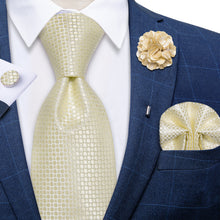 Custard Solid Silk Men's Necktie Handkerchief Cufflinks Set With Lapel Pin Brooch Set
