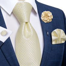 Custard Solid Silk Men's Necktie Handkerchief Cufflinks Set With Lapel Pin Brooch Set