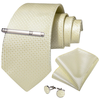 Champagne Yellow Polka Dot Men's Tie Handkerchief Cufflinks Clip Set
