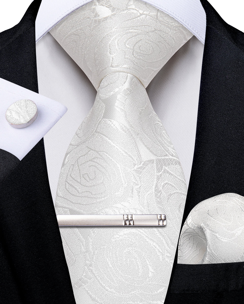 White Floral Men's Tie Handkerchief Cufflinks Clip Set