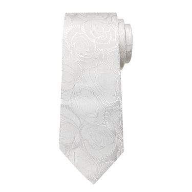 White Floral Men's Tie Handkerchief Cufflinks Clip Set