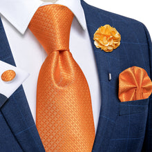 Orange Plaid Silk Men's Necktie Handkerchief Cufflinks Set With Lapel Pin Brooch Set