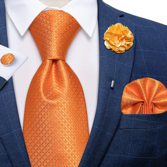 Orange Plaid Silk Men's Necktie Handkerchief Cufflinks Set With Lapel Pin Brooch Set