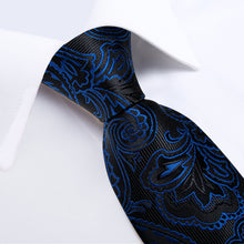 Black Blue Floral Men's Tie Handkerchief Cufflinks Clip Set