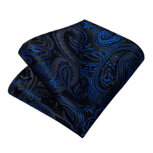 Black Blue Floral Men's Tie Handkerchief Cufflinks Clip Set