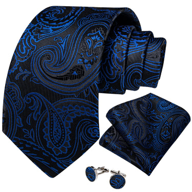 Black Blue Floral Men's Tie Pocket Square Handkerchief Set