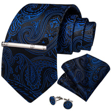 Black Blue Floral Men's Tie Handkerchief Cufflinks Clip Set