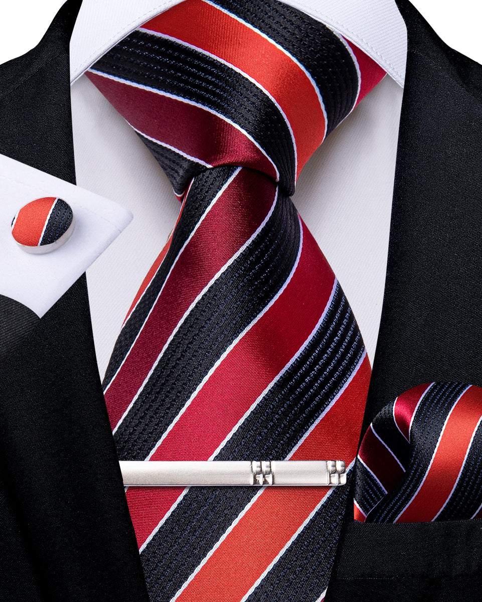 Black Red Striped Men's Tie Handkerchief Cufflinks Clip Set