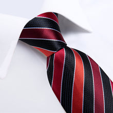 Black Red Striped Men's Tie Handkerchief Cufflinks Clip Set