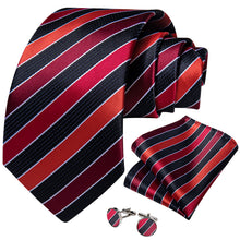 Black Red Striped Men's Tie Pocket Square Handkerchief Set