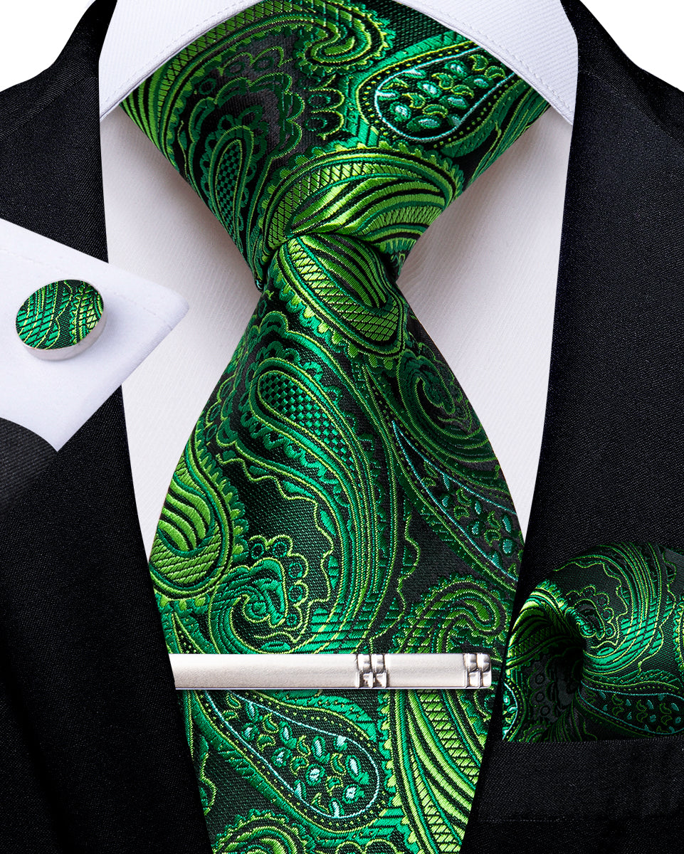 Green Paisley Men's Tie Handkerchief Cufflinks Clip Set